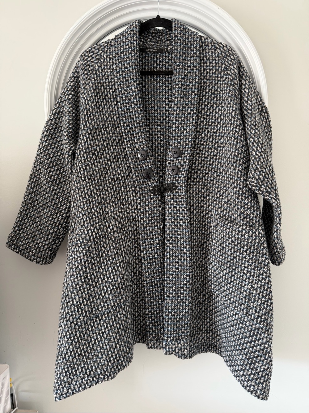 Grizas Black and White Textured Wool Blend Pea Coat